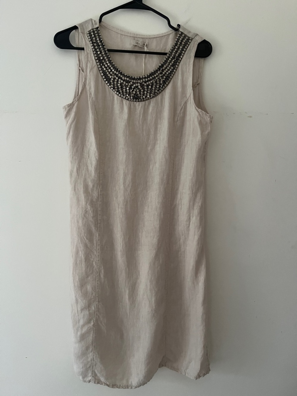 Sleeveless Beaded Neck Linen Shift Dress - Neutral Beige made in Italy Sz medium